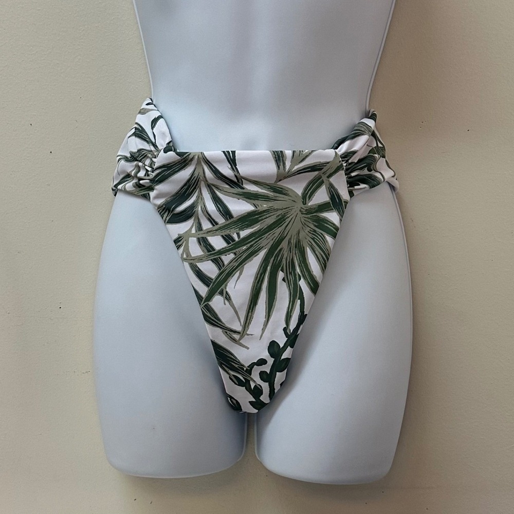 Phax Tropical Palm Print High Cut Twist Front Bikini Bottom Green White Small